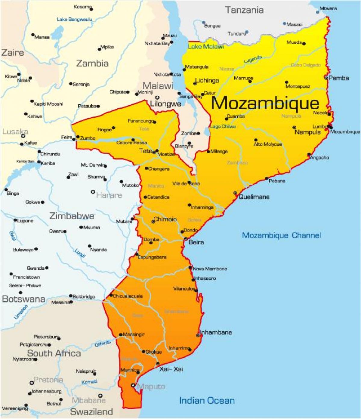 карта на Мозамбик картата с разстояния