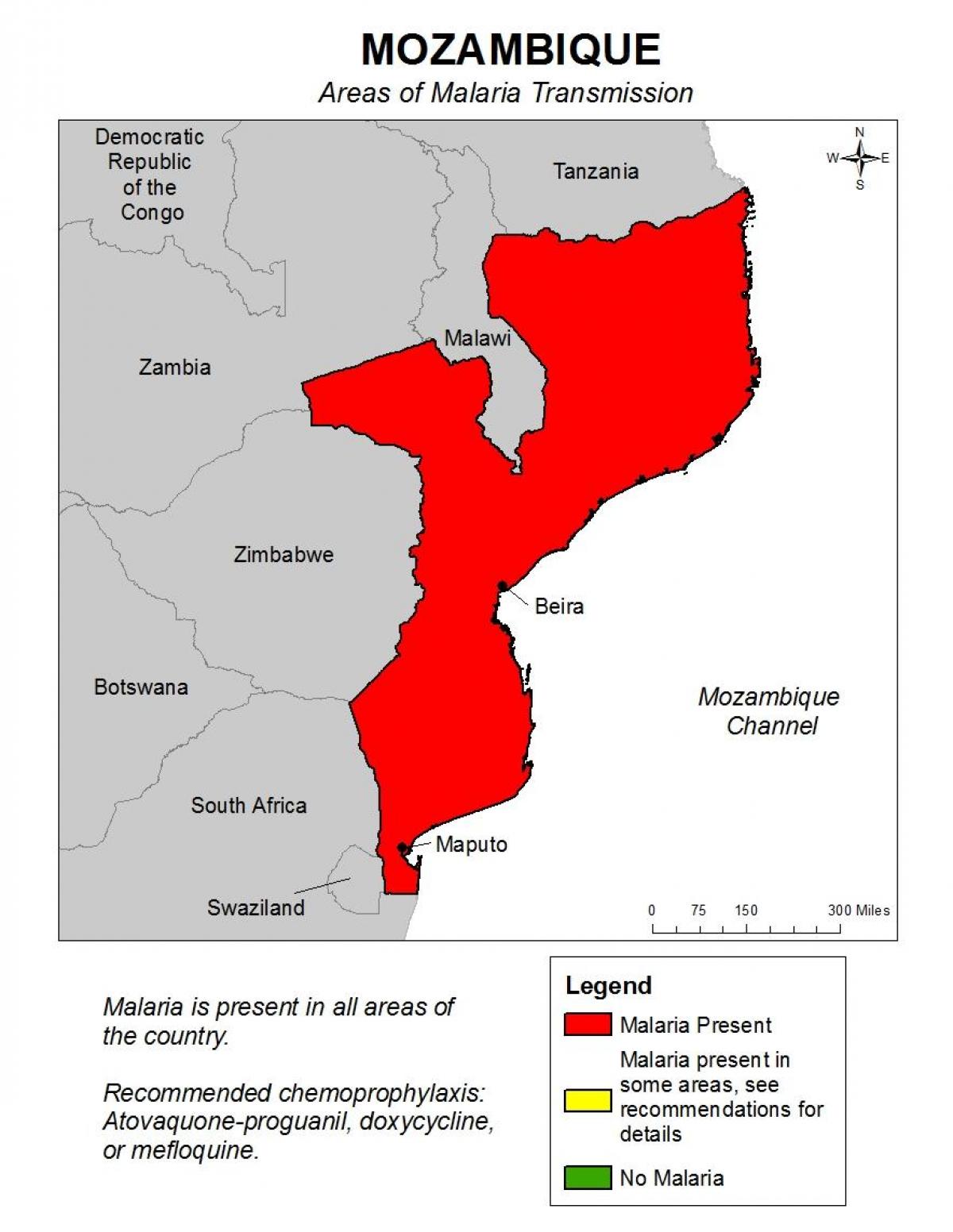 карта на Мозамбик малария