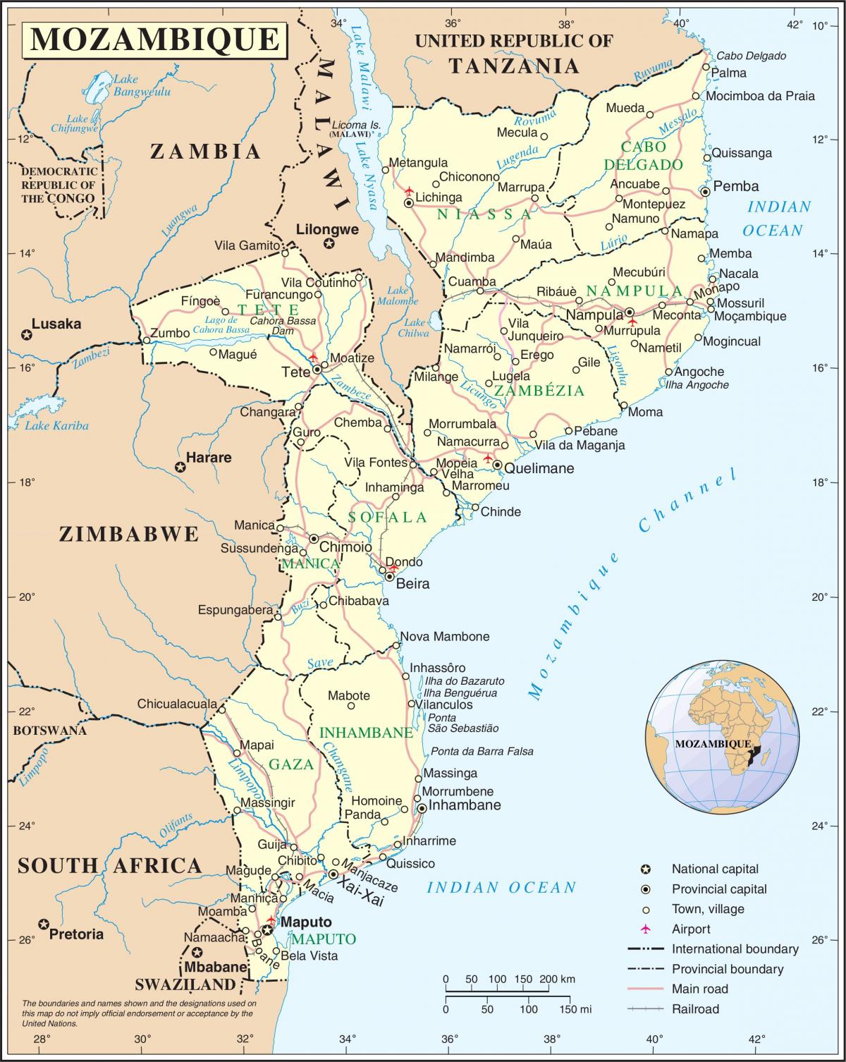 летища Мозамбик на картата